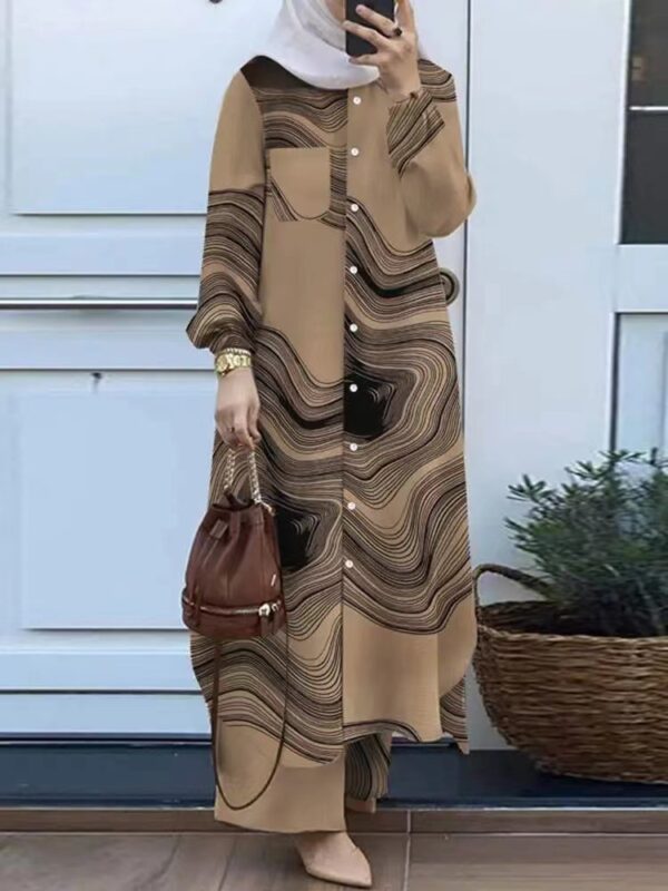 Elegant Patchwork Cardigan Long Sleeve Lapel Muslim Women's Shirt Outfit - Image 4